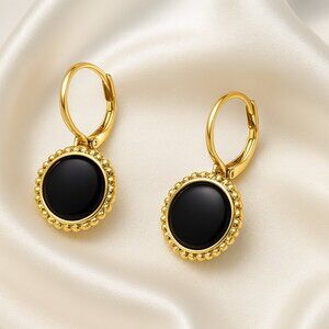 Elegant Textured Gold and Black Stone Earrings - Classic Women's Fashion Jewelry